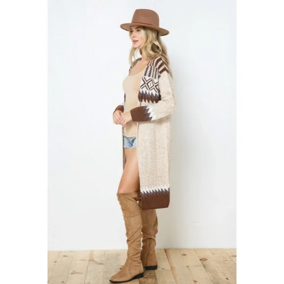 Taupe & Brown Aztec Tribal Western Boho Long Open Knit Cardigan Casual Sweater - Picture 5 of 8
